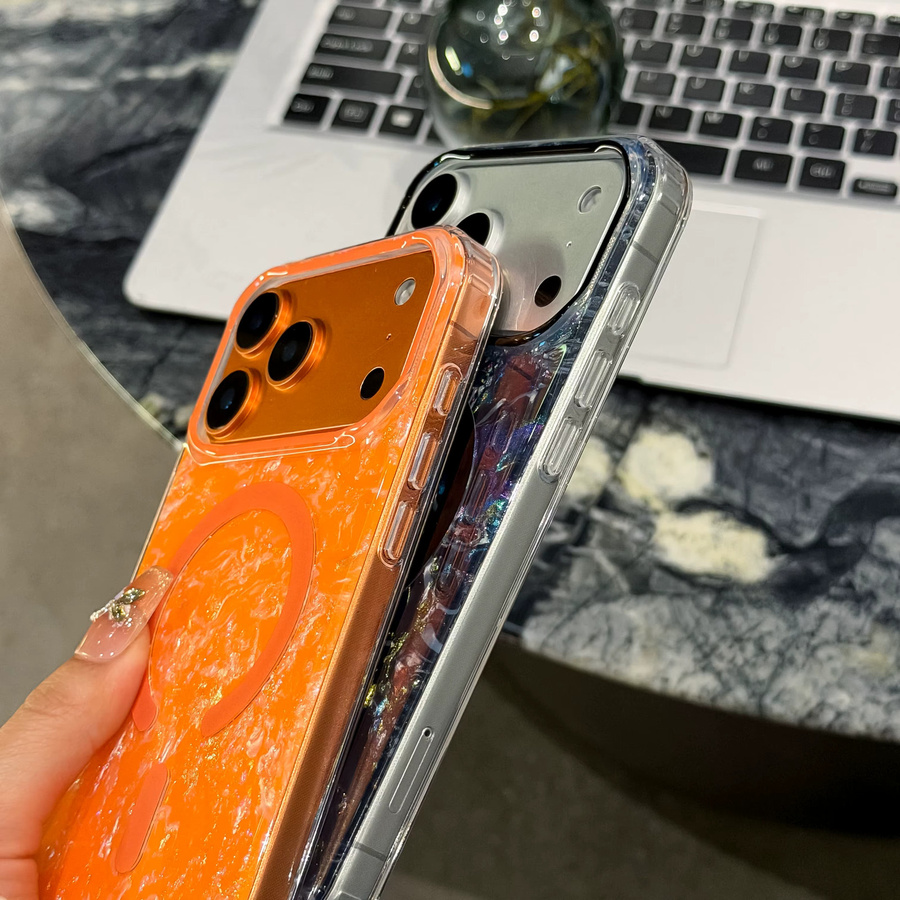 Luxuriöse Glitzer-Handyhülle mit IMD-Vergoldungsschalenmuster für Apple iPhone 16 Pro Max und iPhone 15 Pro Max, magnetische Bling-Rückseite, kompatibel mit kabellosem Laden, Farben: Gold, Weiß, Orange - Bild 1
