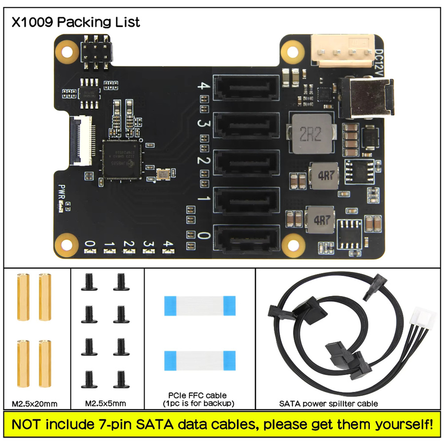 Raspberry Pi 5 X1009 PCIe zu 5-Port SATA Shield Erweiterungskarte in Schwarz - Bild 2