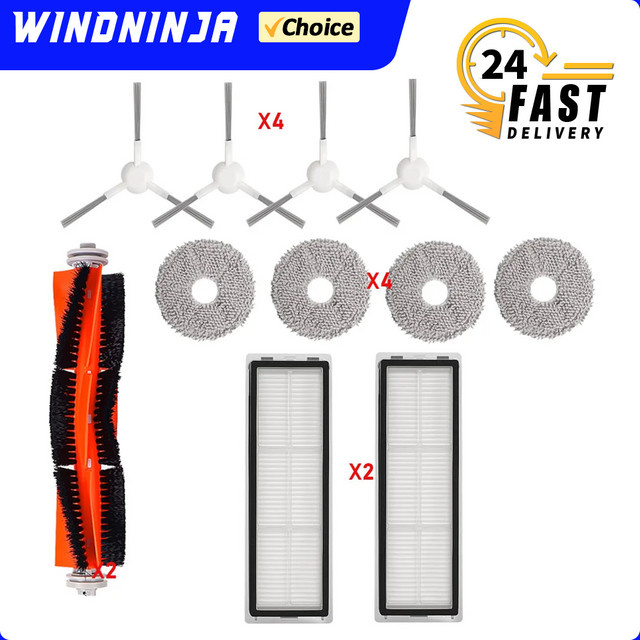 WINDNINJA Ersatzset für Xiaomi S10 Plus B105 und S20 Plus B108GL Roboterstaubsauger mit Rollenbürste, Seitenbürste, Hepa-Filter und Wischtüchern - Bild 1