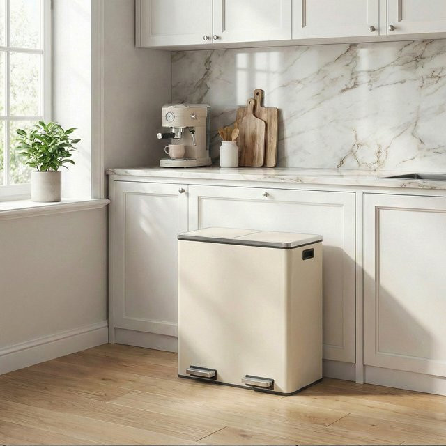 Songmics Mülleimer mit 2 Fächern als Treteimer aus Metall in Beige, Volumen: 2 x 30 Liter, B/T/H: 60,0 x 30,0 x 62,4 cm - Bild 1