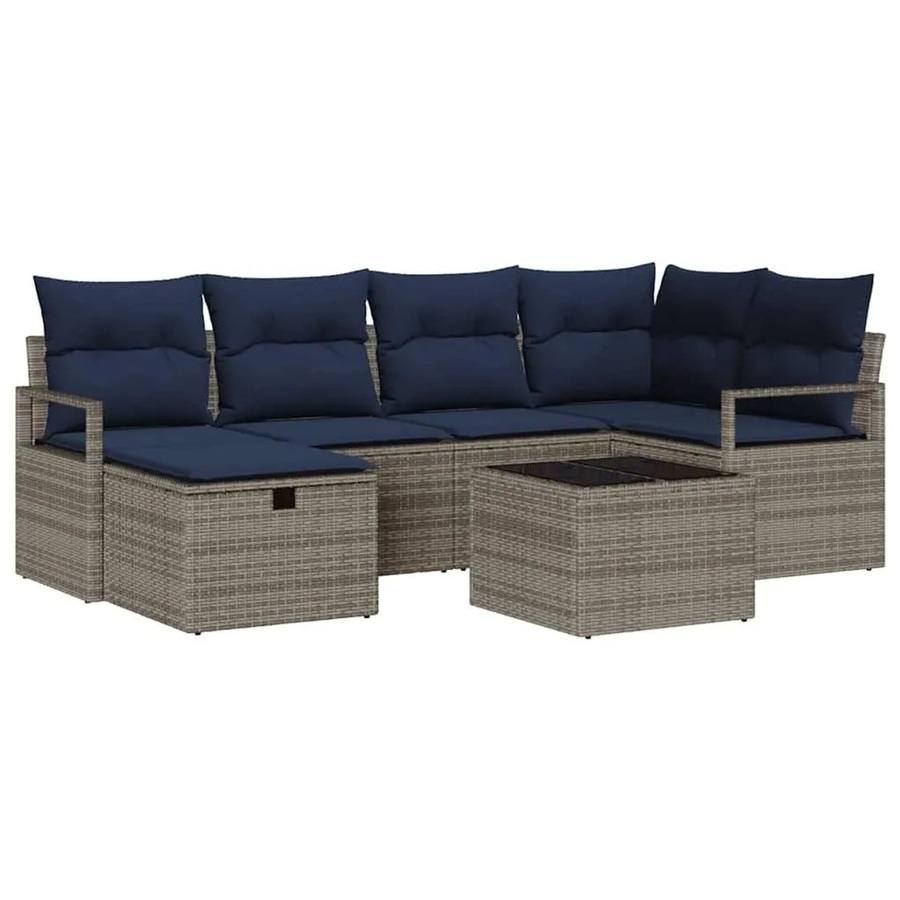 vidaXL Lounge-Gartenmöbel Set aus Poly-Rattan in L-Form mit Eckelement, Ottoman, Couchtisch und Kissen in Grau und Marineblau - Bild 2