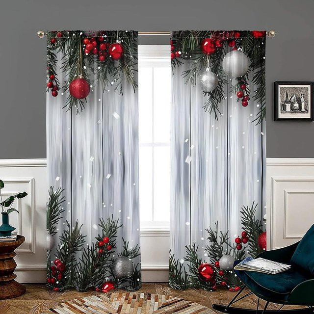 2er-Set Weihnachtskugel Vorhänge mit Holz-Design in Schwarz und Multicolour, halbtransparent, B: 150 cm, H: 166 cm - Bild 1
