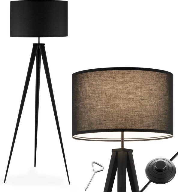 tectake Lunaris Stehleuchte Schwarz mit Dreibeingestell aus Stahl und Textilschirm in Leinenoptik, B/T/H: 57 x 57 x 158 cm - Bild 1