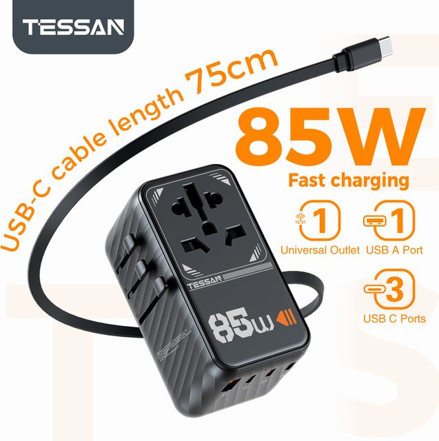 TESSAN 85W GaN Universal-Reiseadapter Schwarz mit einziehbarem USB-C-PD-Kabel als All-in-One-Weltladegerät für EU, UK, US und AUS - Bild 1