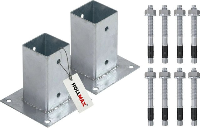 HOLLMAX 2er Set Aufschraubhülse Pfostenträger 71 mm mit Schwerlastankern 10 x 100 mm für Vierkantpfosten, verzinkt in Silber - Bild 1