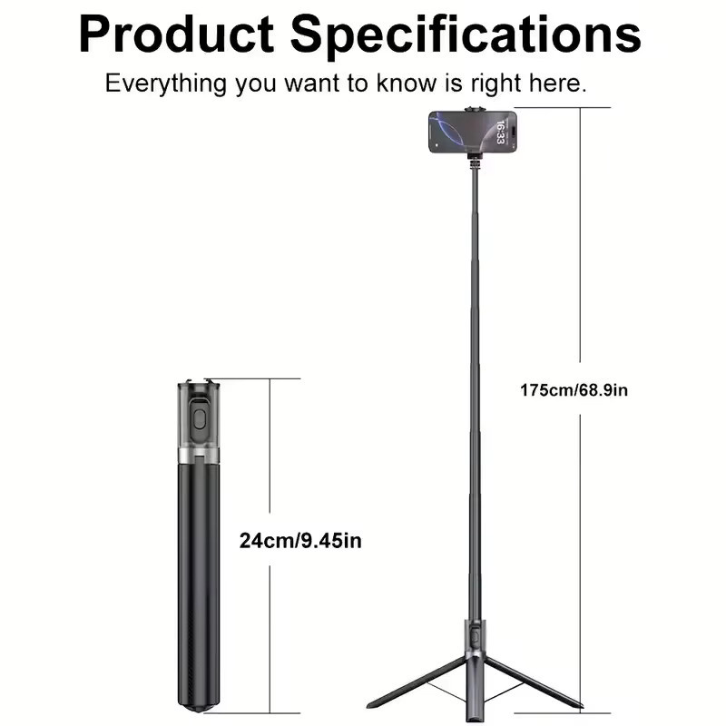 QAML All-in-One Selfie-Stick und Stativ mit kabelloser Fernbedienung, 165 cm, ausziehbar, in Schwarz oder Weiß - Bild 2