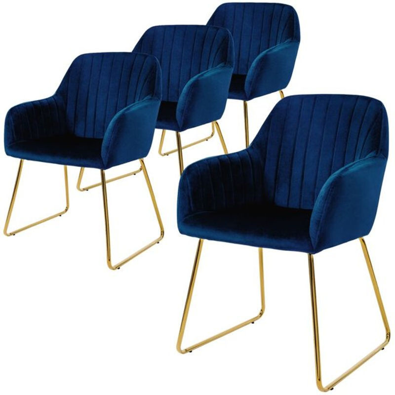 ML-Design Esszimmerstuhl 4er Set mit linierter Steppung, blauer Microfaser-Samtbezug und goldenen Metallbeinen mit Armlehnen - Bild 2