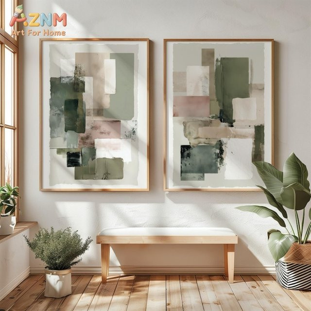 AZNM Abstrakter Leinwanddruck in Salbeigrün und Zartrosa, minimalistische geometrische Wandkunst für dein Wohnzimmer - Bild 1