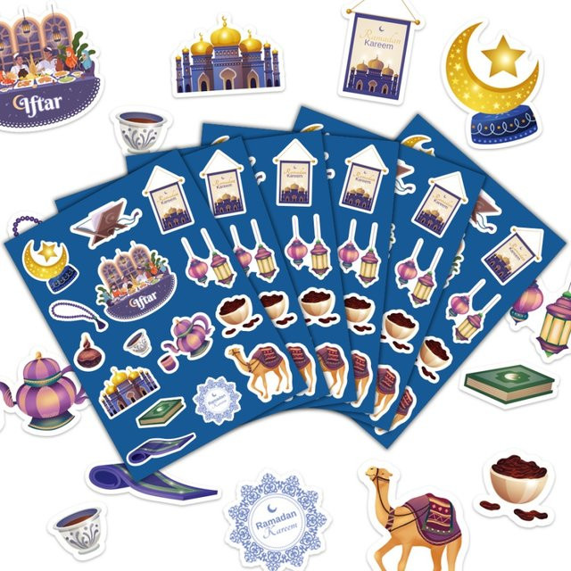 10 Stück Ramadan Aufkleber mit Mond, Sternen, Kamel und Öllampe für Geschenktüten und Party-Dekoration, Mehrfarbig - Bild 1