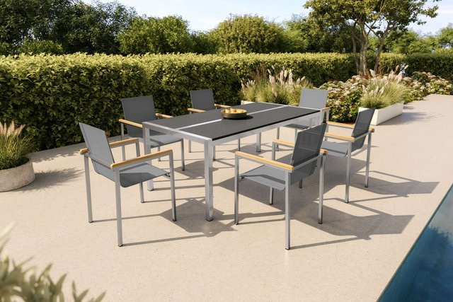 OUTFLEXX Garten-Essgruppe aus Edelstahl und Keramik in Taupe/Graphite mit 6 Stapelsesseln, B/T: 200 x 100 cm - Bild 1