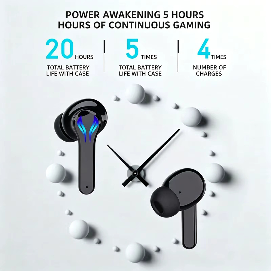 Dtobhars Bluetooth-Gaming-Ohrhörer in Schwarz mit niedriger Latenz, HiFi-Stereo und LED-Licht, wasserfeste In-Ear-Kopfhörer für Sport und Bass-Liebhaber - Bild 4
