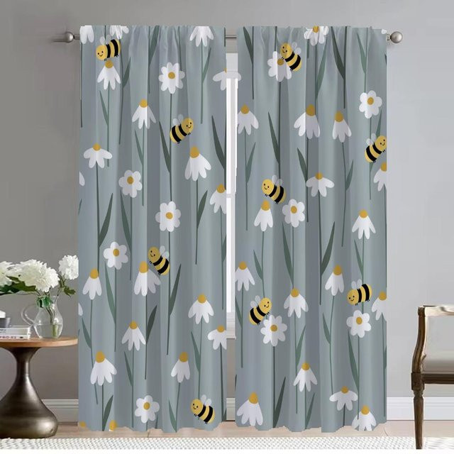 Gelbe Gänseblümchen Fenstervorhänge aus Tüll für Kinderzimmer und Schlafzimmer, 2er-Set, B: 50 cm, H: 70 cm - Bild 1