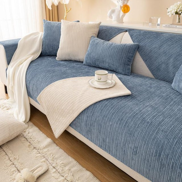 Modernes Plüsch Sofakissen von Household supplies MH in Blau, gestreiftes Cord-Design, B/B: 70 x 70 cm - Bild 1