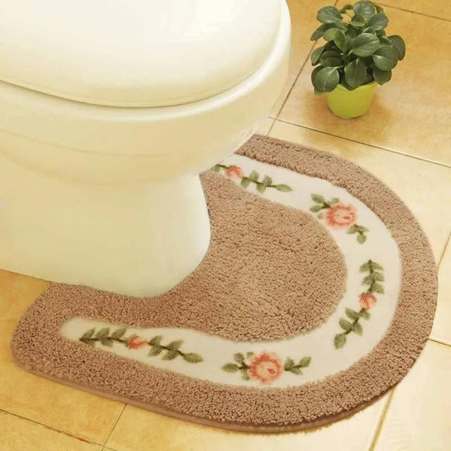 Ländliche U-förmige Badezimmer-Fußmatte mit floralem Design in Beige, saugfähig und rutschfest, Breite: 50 cm, Tiefe: 50 cm - Bild 1