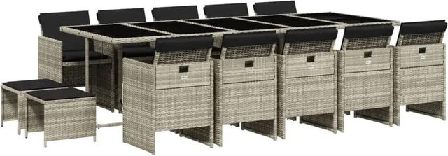 vidaXL 15-teilige Garten-Essgruppe aus Poly-Rattan mit Kissen in Hellgrau und Hartglas für Terrasse und Garten - Bild 1