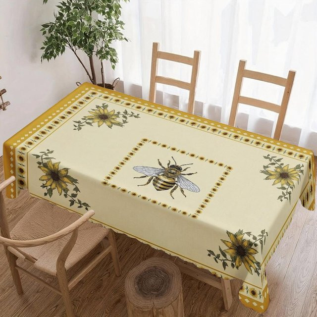 Wasserdichte rechteckige Tischdecke von JINGYUE Pet mit Bienen-Sonnenblumen-Muster in Gelb, B/B: 140 x 140 cm - Bild 1
