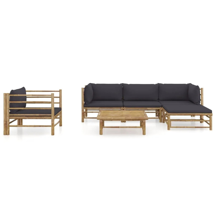 vidaXL 6-tlg Garten-Lounge-Set aus Bambus mit grauen Polsterkissen in L-Form - Bild 2
