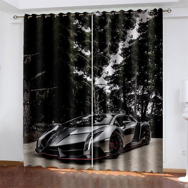 Verdunkelungsvorhang mit 3D Sportwagen-Motiv, 2-teiliges Set aus Polyester, Mehrfarbig, Breite: 100 cm, Höhe: 130 cm - Bild 1