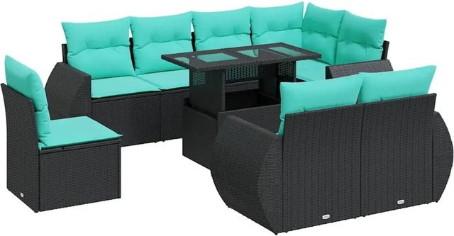 vidaXL 9-teilige Garten-Sofagarnitur aus Poly-Rattan mit Kissen in Schwarz - Bild 1