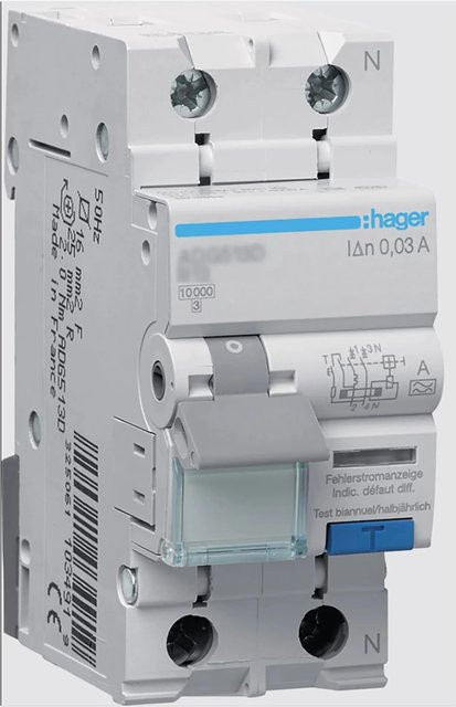 Hager Fehlerstrom-Leitungsschutzschalter RCBO B-16A/1P+N in Weiß - Bild 1