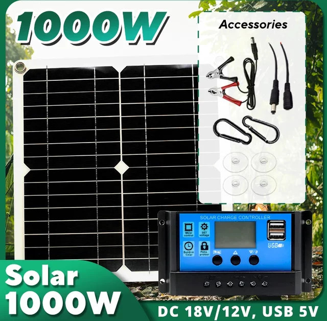 Solar Panel Kit mit 1000W Solarzelle und 12V Solar-Controller in Schwarz für Camping, Wohnmobil und Outdoor - Bild 1