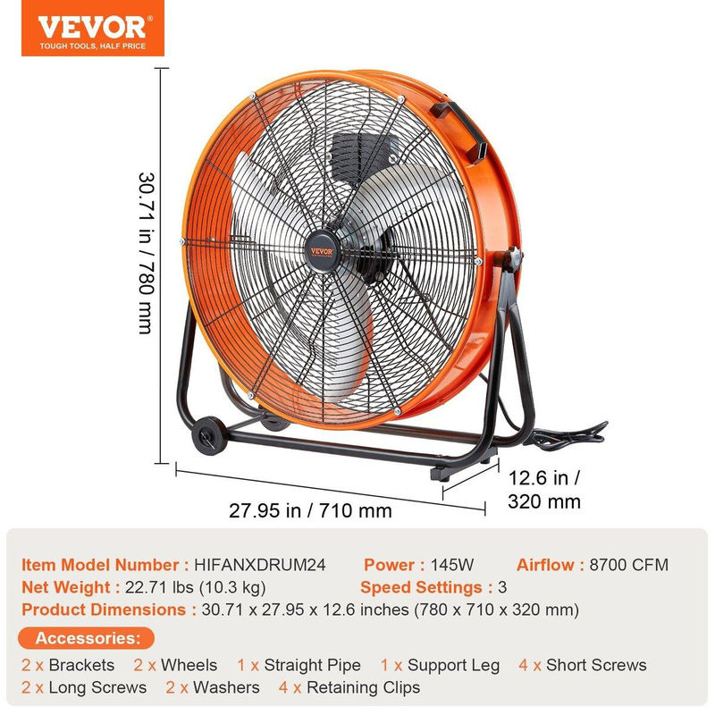 Vevor Trommelventilator 24 Zoll in Orange mit 3 Geschwindigkeiten und Timer aus Metall und Aluminium für die industrielle Nutzung - Bild 3