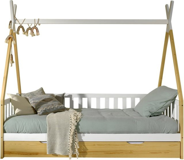 Vipack Tipi Kojen Bett aus massiver Kiefer mit Umrandung, Dachgestänge, Rolllattenrost und Bettschublade, Farbe: Natur und Weiß, Liegefläche: 90 x 200 cm - Bild 1