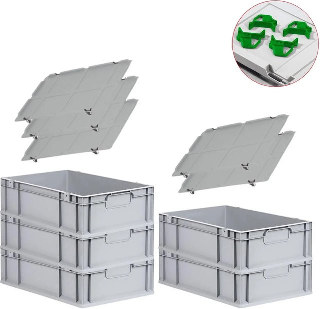 PROREGAL Spar Set mit 5x Eurobox Nextgen Economy in Grün inklusive Auflagedeckel und 4x Schiebeschnappverschlüssen, H x B x T: 17 x 40 x 60 cm, 34 Liter pro Box - Bild 1