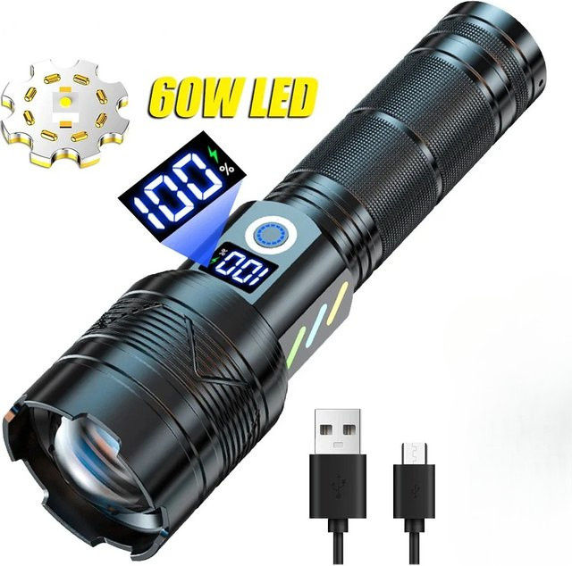 ESMARTER USB-aufladbare Outdoor-Taschenlampe mit LEP-Starklicht, Teleskop-Zoom und Aluminiumgehäuse in Schwarz - Bild 1