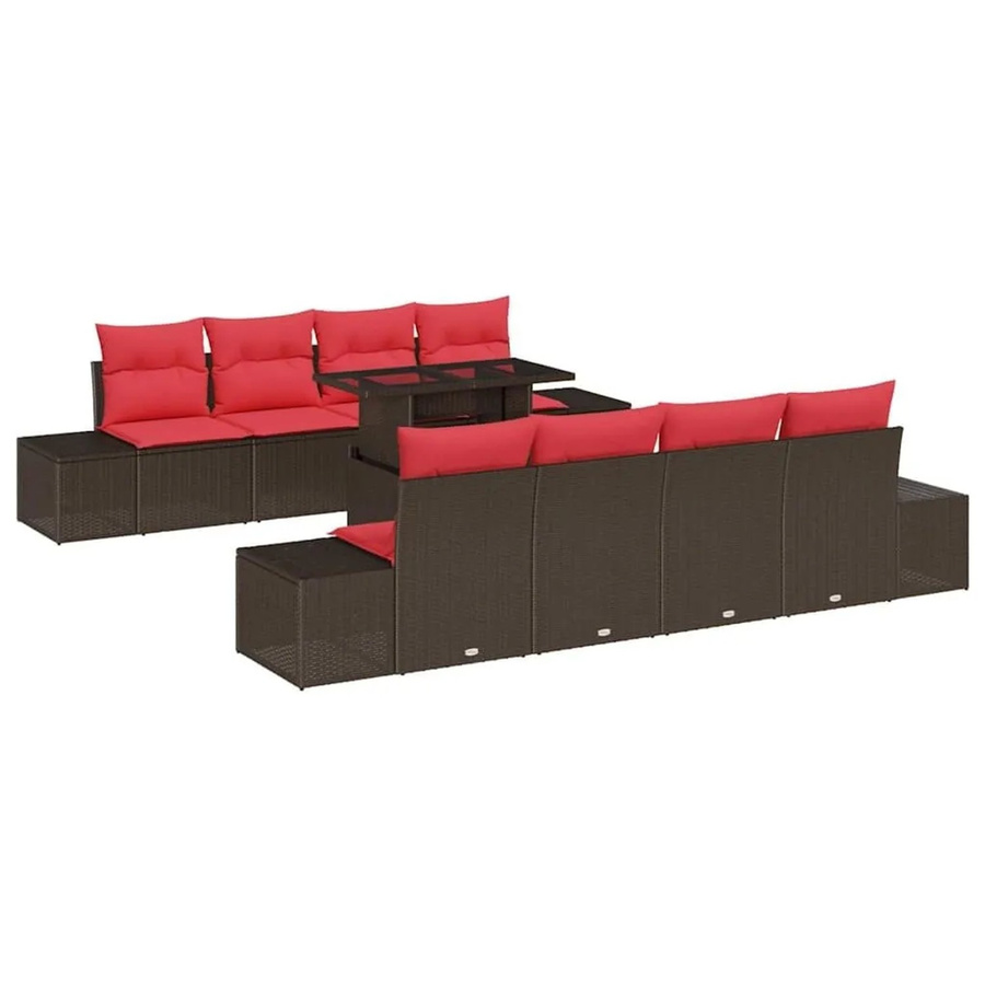 vidaXL Gartenmöbel-Set aus Poly-Rattan in U-Form mit 3-Sitzer-Sofa, Eckelement, Couchtisch und 9 Kissen in Braun und Rot - Bild 2