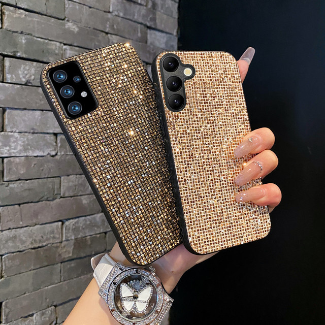 Luxus TPU Handyhülle mit Shiny Grid Pattern und Glitter Design für Samsung Galaxy A14 A15 A16 A35 A36 S25 S24 S23 S22 Plus FE Ultra in Gold - Bild 1