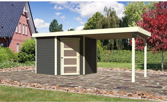 Karibu Holz-Gartenhaus Linköping in Terragrau mit Flachdach und modernem Design, lackiert, B/T/H: 242 x 238 x 218 cm - Bild 1