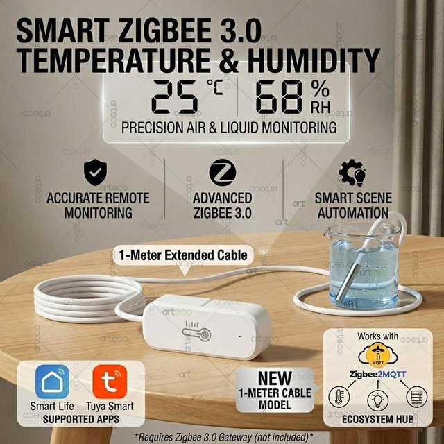 Arteco Intelligenter Zigbee 3.0 Temperatur- und Luftfeuchtigkeitssensor mit 1 m wasserdichter Sonde in Weiß für Tuya, Home Assistant und Zigbee2MQTT - Bild 1