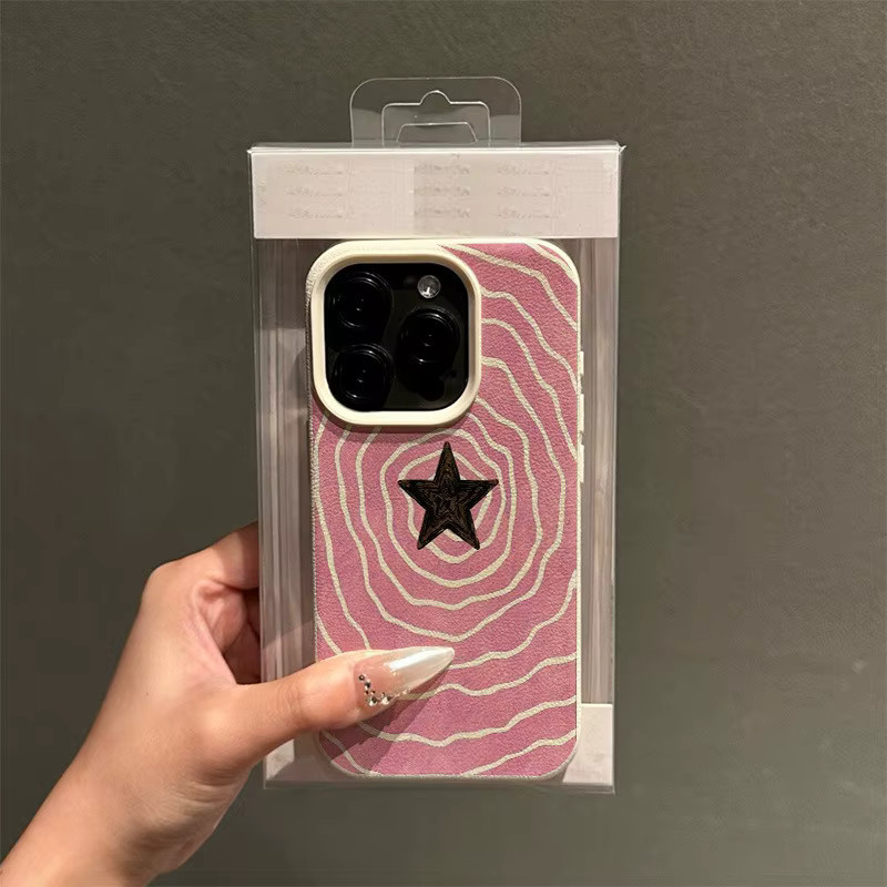 Apple Handyhülle mit Litschi-Struktur und Sternenmuster in Pink und Beige für iPhone 17, 16, 15 Pro Max Plus Series - Bild 3