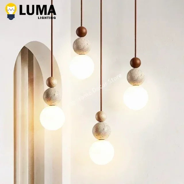Luma Pendelleuchte von MOSA ZX aus gelbem Travertin und Holz in Beige - Bild 1