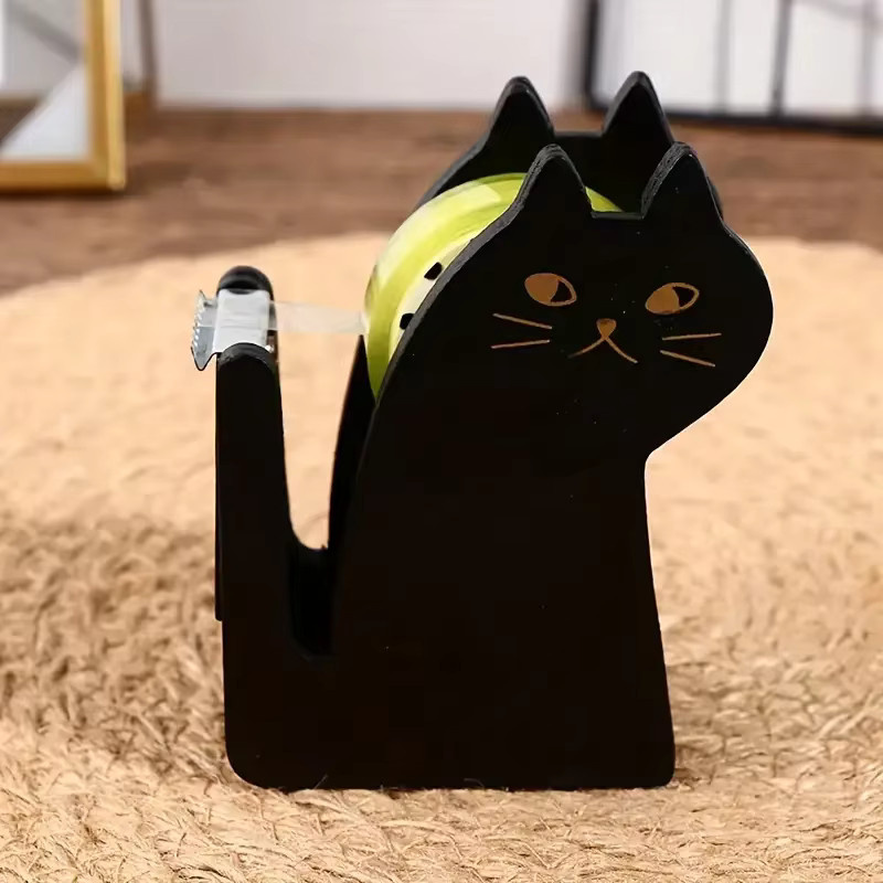 Multifunktionaler Katzen-Klebebandhalter und tragbarer Klebebandschneider in Schwarz mit Holzoptik - Bild 4