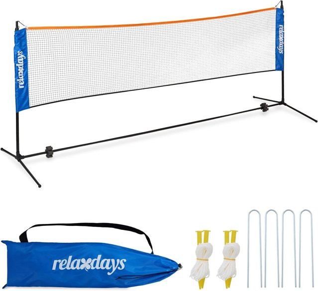 Relaxdays Badmintonnetz aus Eisen, Kunststoff und Polyester in Schwarz, Blau und Orange, höhenverstellbar von 105 cm bis 225 cm, B/T/H: 310 x 103 x 225 cm - Bild 1