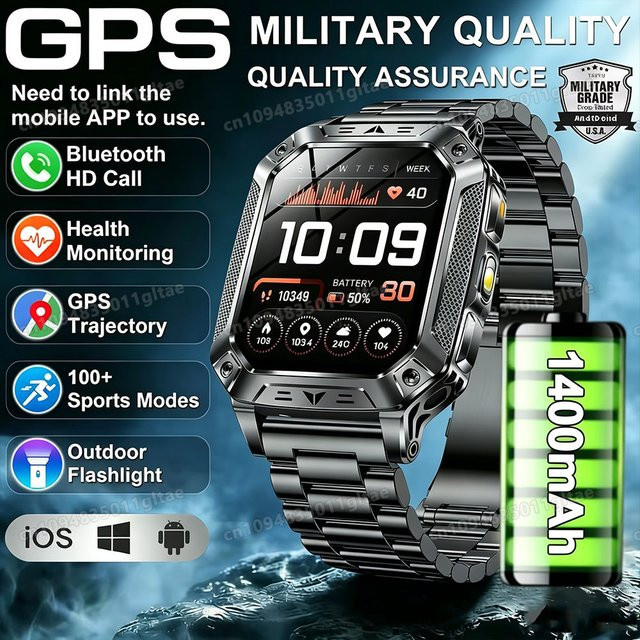 Ola Esporte Militär-Smartwatch für Herren in Schwarz mit 2,01 Zoll HD-Touchscreen, Bluetooth-Anruffunktion und LED-Taschenlampe - Bild 1
