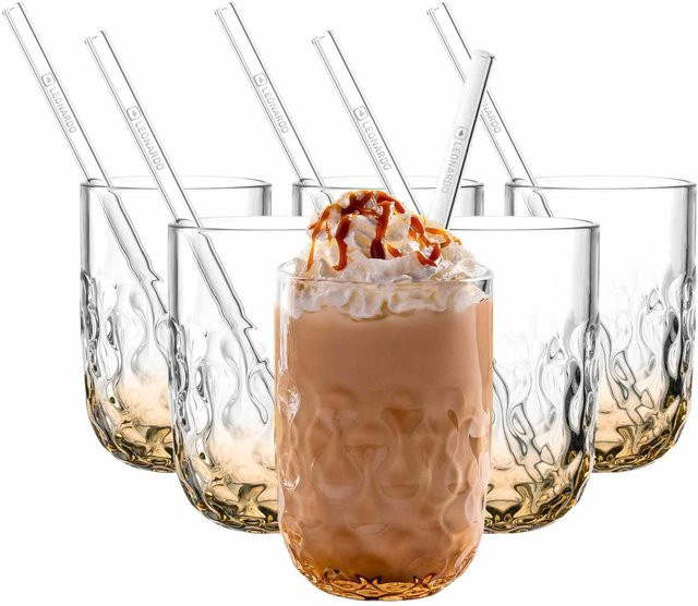 Leonardo Gocce Caramel Macchiato Tumbler Set mit Glastrinkhalm, transparent/orange, 6er Set, 390 ml pro Glas - Bild 1