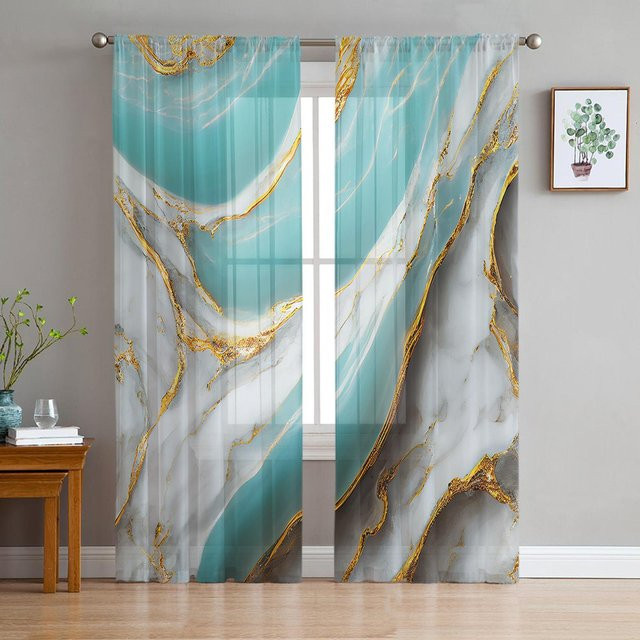 Transparente Vorhänge mit Marmor Textur in Blau von Household supplies MH, Tüll Voile Organza Fenstergardinen für Wohnzimmer und Küche, Breite: 135 cm, Höhe: 115 cm - Bild 1