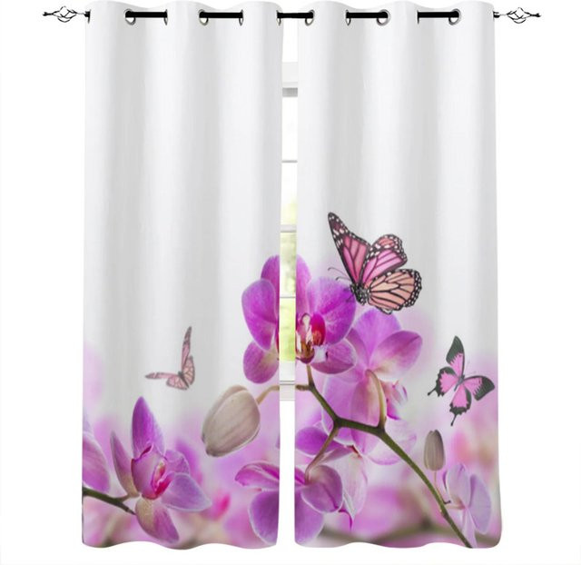 A Family Of Home Textiles Kurzvorhang mit Orchideen- und Schmetterlingsdruck in Lila, 2er-Set, semi-transparent, Breite: 50 cm, Höhe: 50 cm - Bild 1