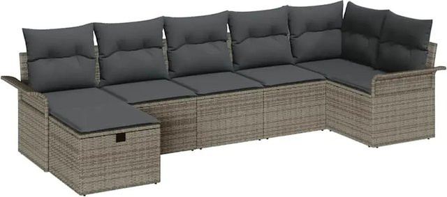 vidaXL Garten-Sofa-Set aus Polyrattan in Grau, 7-teiliges U-Shape Lounge-Set mit Kissen und integriertem Stauraum - Bild 1