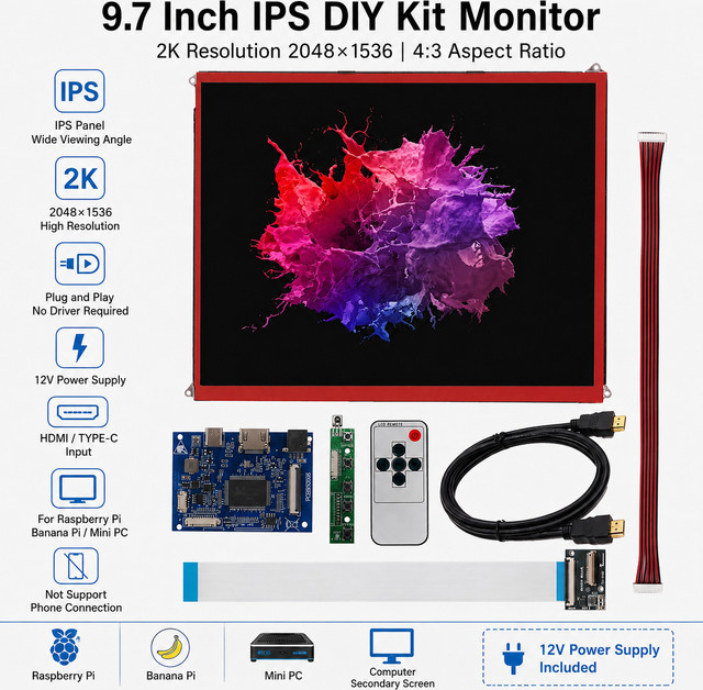 Heyman 9,7 Zoll 2K HD LCD-Bildschirm DIY-Treiberplatinen-Kit mit 2048 x 1536 Pixeln und HDMI-Anschluss für Raspberry Pi und PC-Unterbildschirm - Bild 1