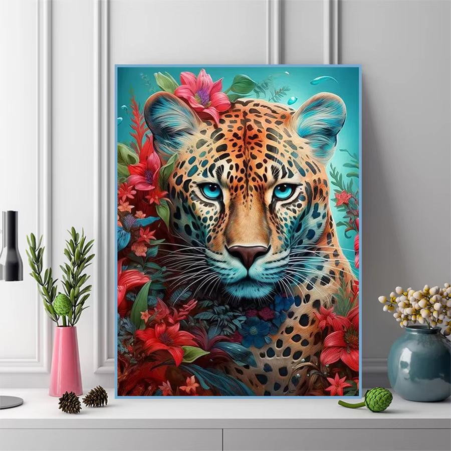 Momoart 5D Diamantmalerei Leopard Tierbild mit Blumen als DIY Diamant-Mosaik Set in Multicolour, Breite: 20 cm, Höhe: 30 cm - Bild 3