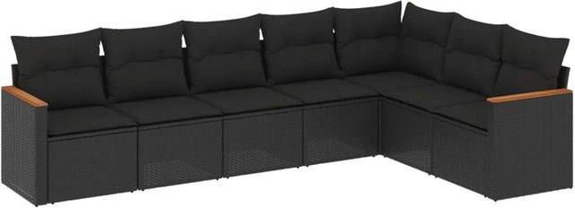 vidaXL 7-teilige Garten-Sofagarnitur in L-Form aus Poly-Rattan und Akazienholz mit Kissen in Schwarz - Bild 1