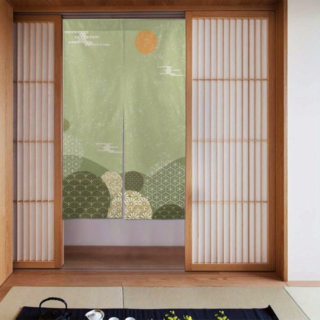 VIKAMA Japanischer dekorativer Türvorhang mit Blumen- und Bergmotiv in Grün, semi-transparent, B: 85 cm, H: 150 cm - Bild 1