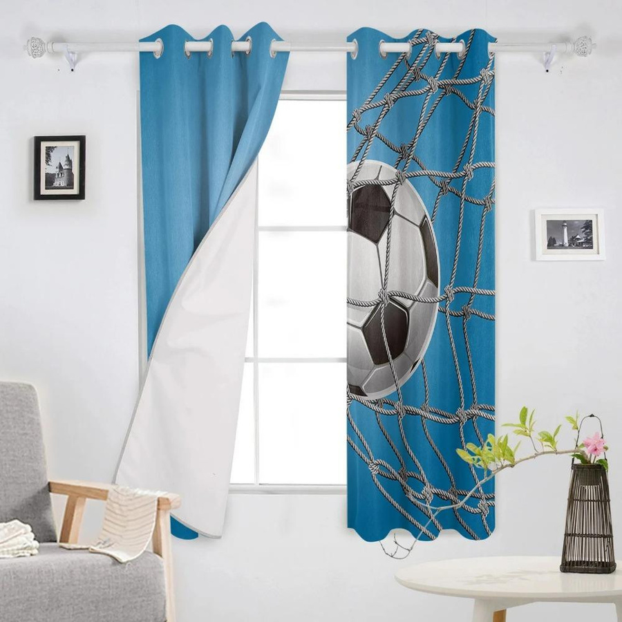 Yiran Furniture Fußball Vorhänge für Kinder in Blau, 2er-Set mit Ösen, halbtransparent, B: 60 cm, H: 50 cm pro Panel - Bild 1