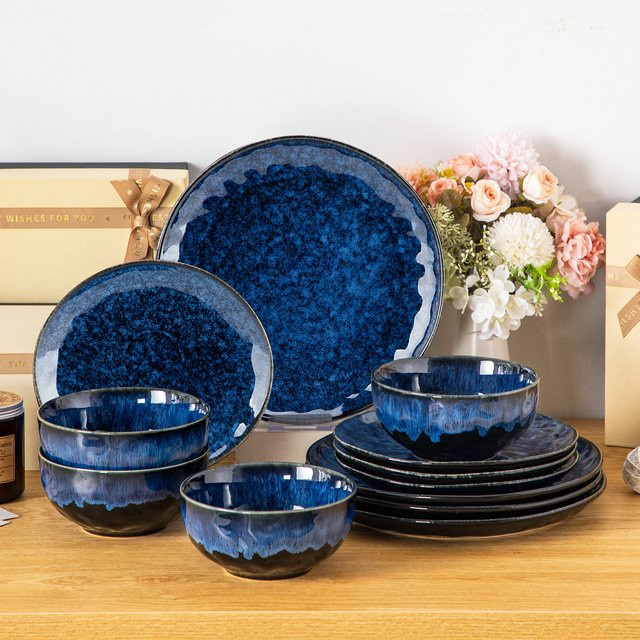 vancasso Keramik-Geschirrset aus Steinzeug, 12-teiliges blaues Dinner-Set mit Speisetellern, Desserttellern, Müslischalen und Schüsseln, ofenfest - Bild 1