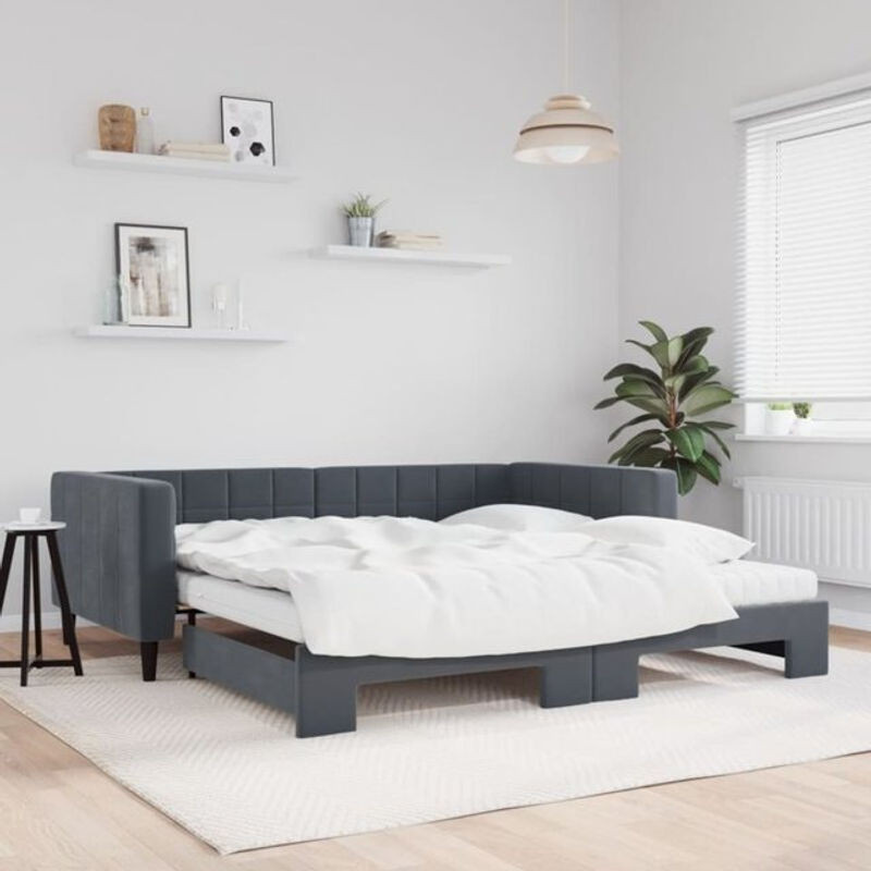 Ausziehbares Funktionsbett mit Matratze von vidaxl in Dunkelgrau aus Samt und Metall, B/T: 100 x 200 cm - Bild 1