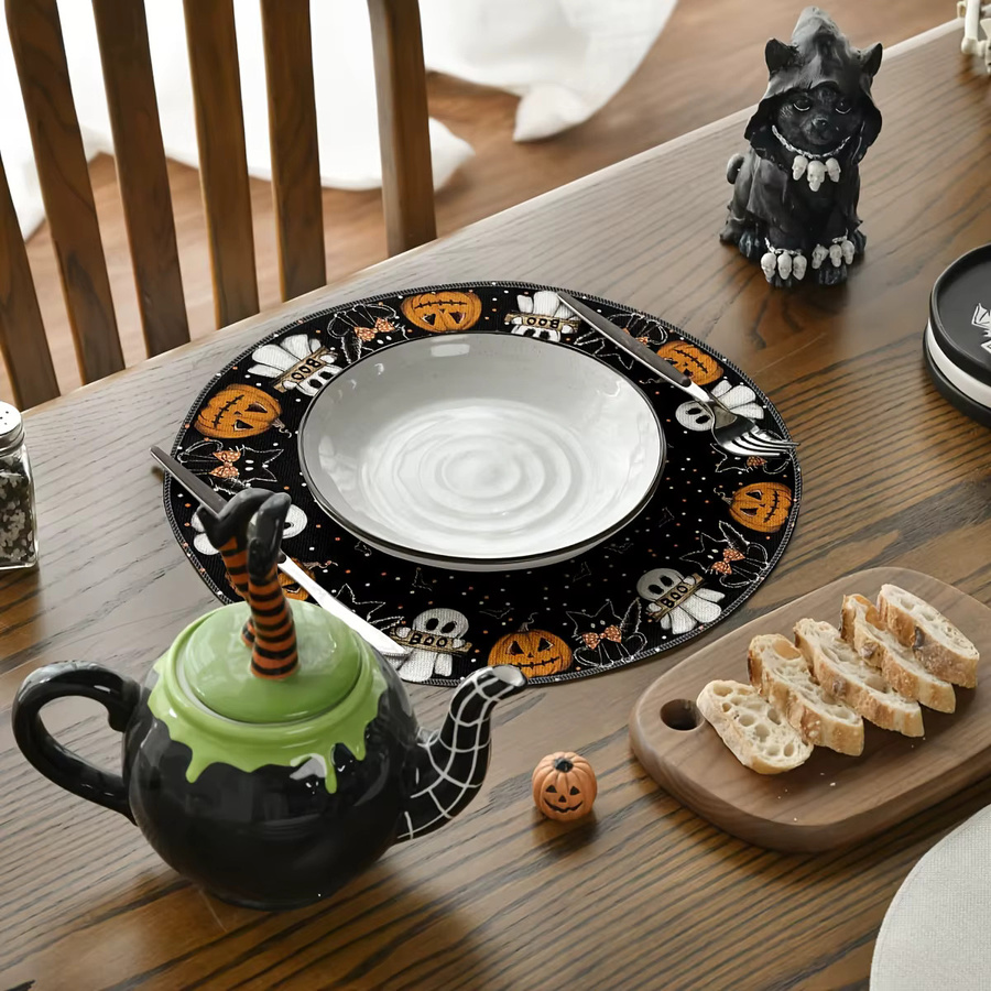 VIKAMA Halloween Tischsets mit Geister- und Kürbis-Motiv, 4/6-teiliges Set aus Leinen, Schwarz, Rund - Bild 2